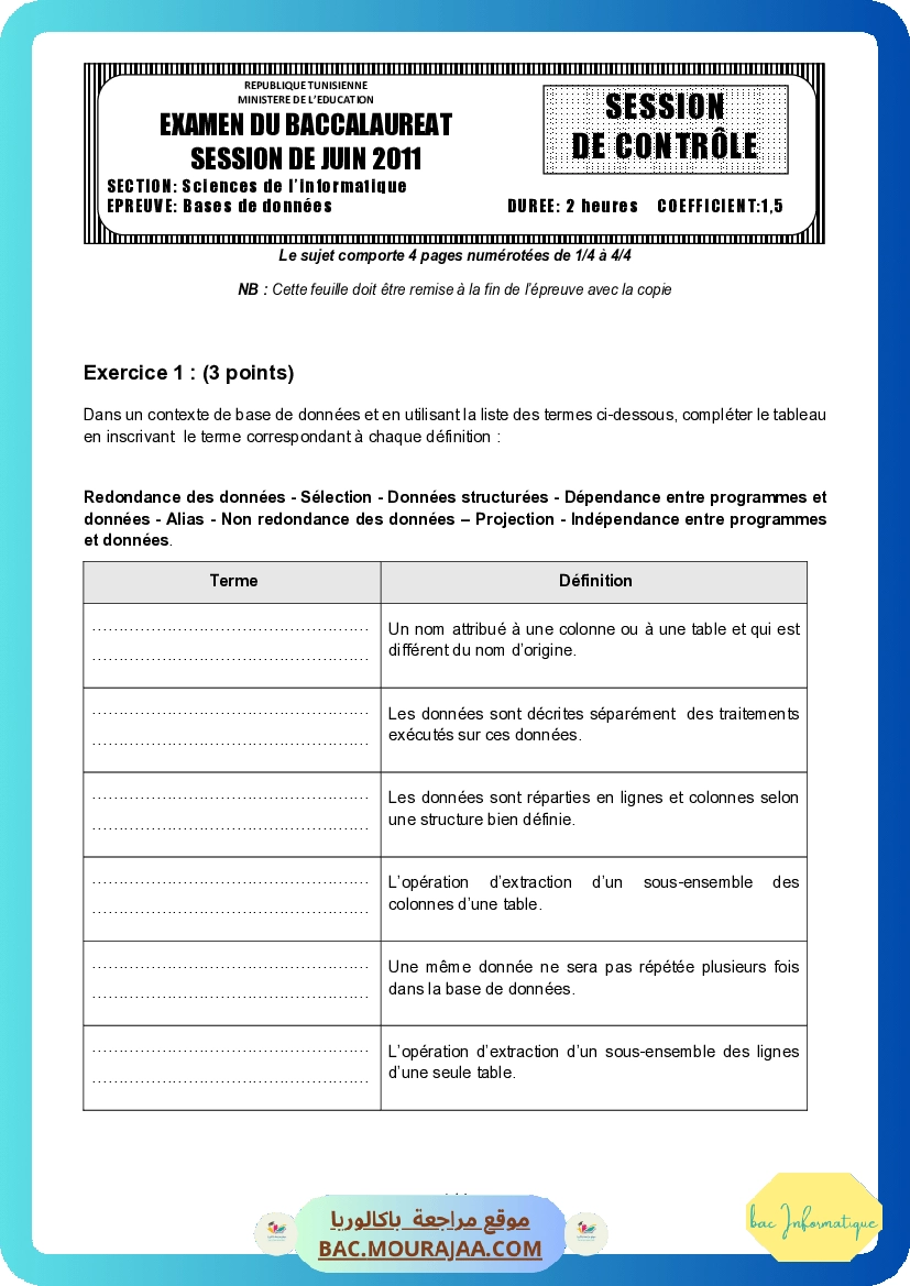 Sujet controle bd Bac 2011 – Section info